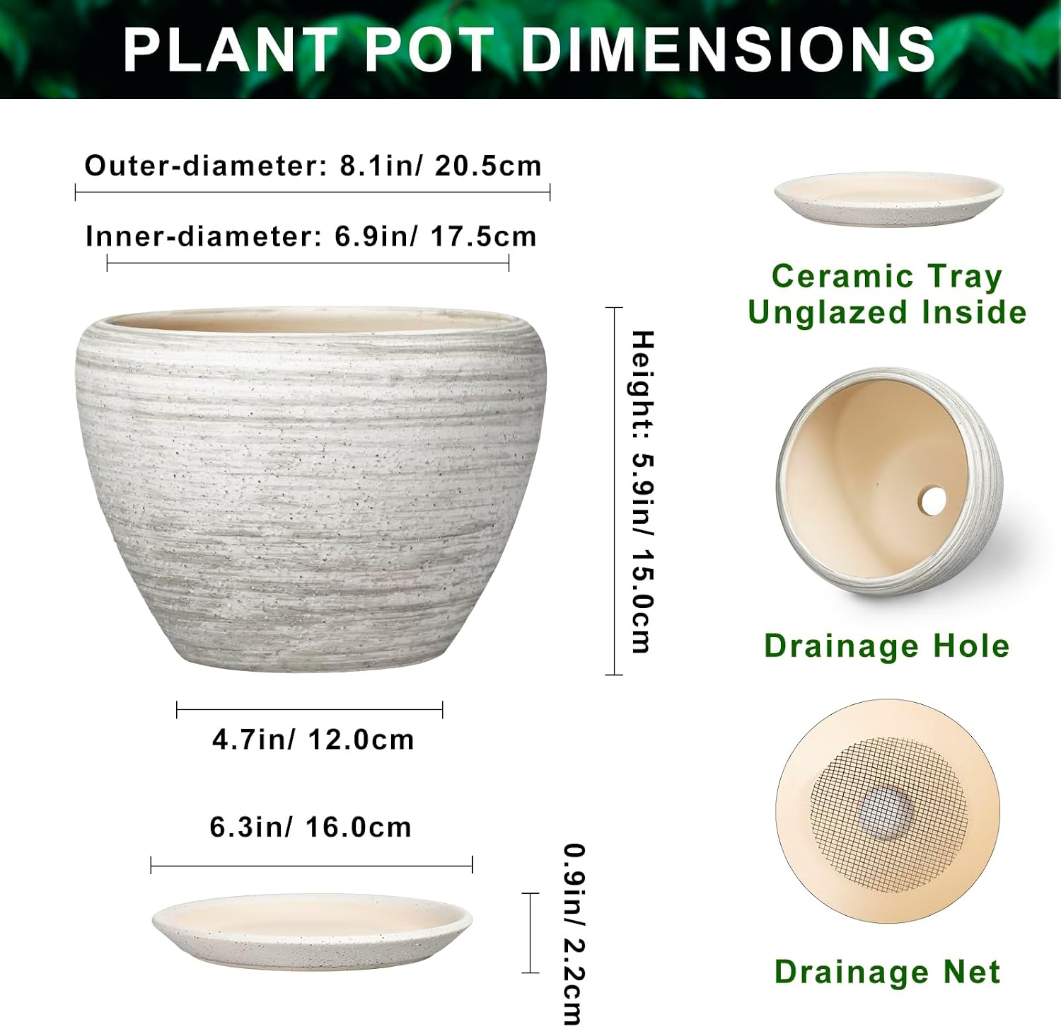 Indoor Plant Pots 8 Inch - Ceramic Plant Pots with Drainage Hole and Saucer, Large Flower Pot for Indoor Plants