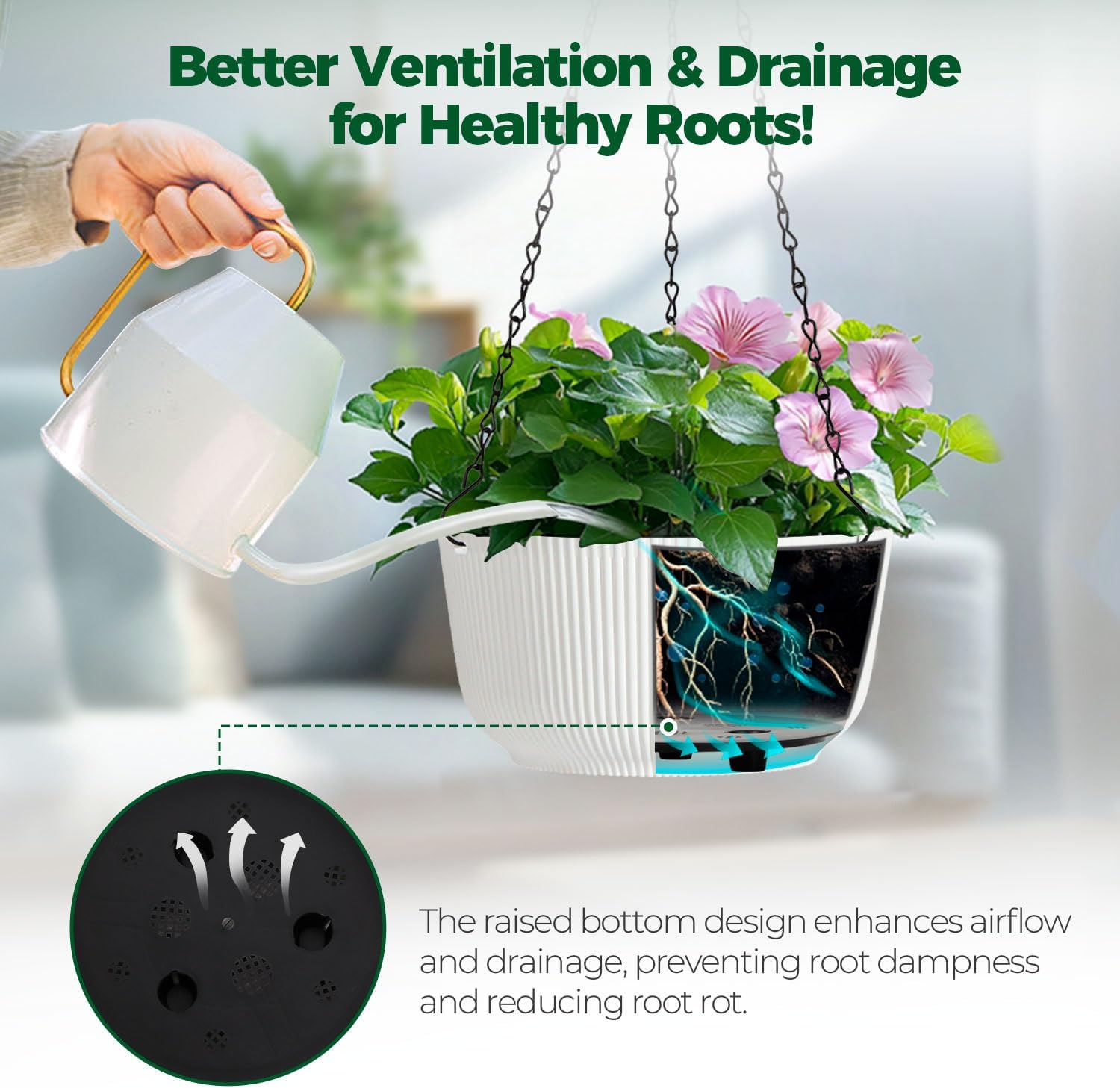 T4U Hanging Planters for Indoor Outdoor, 10 Inch Self Watering Pots, 2 Pack | Hanging basket with reservoir, drainage