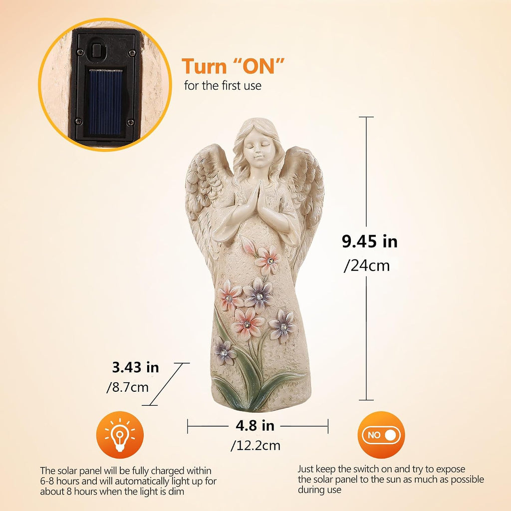 Solar Angel Garden Statue, 9.6 Inch Outdoor Decor with 6 LED Lights | Warm solar glow and a praying angel design for