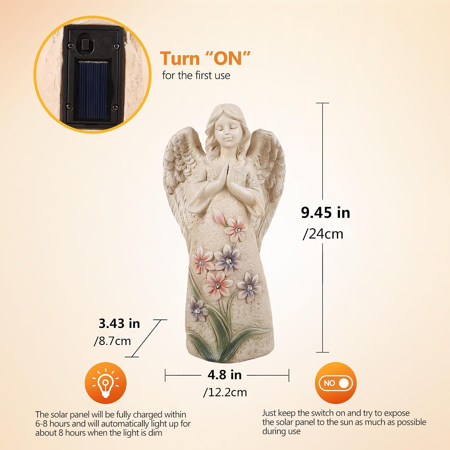 Solar Angel Garden Statue, 9.6 Inch Outdoor Decor with 6 LED Lights | Warm solar glow and a praying angel design for
