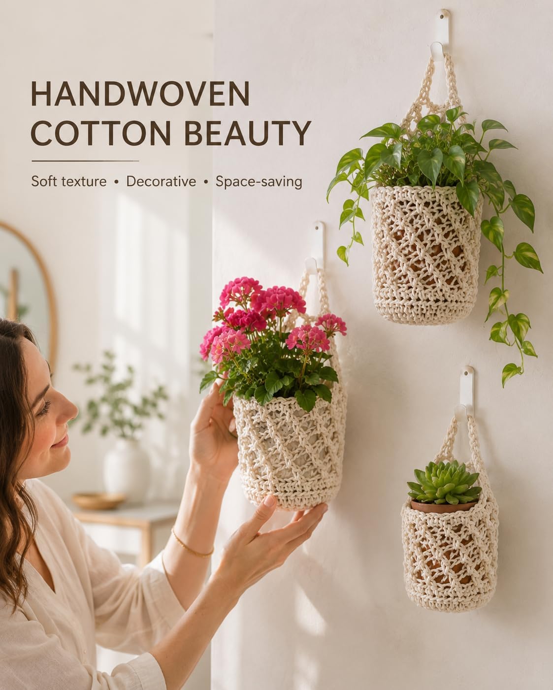 Plant Hanger Indoor, Hanging Planters for Indoor Plants 6 Pack Cotton Woven Wall Basket Set, 3 Size Macrame Plant