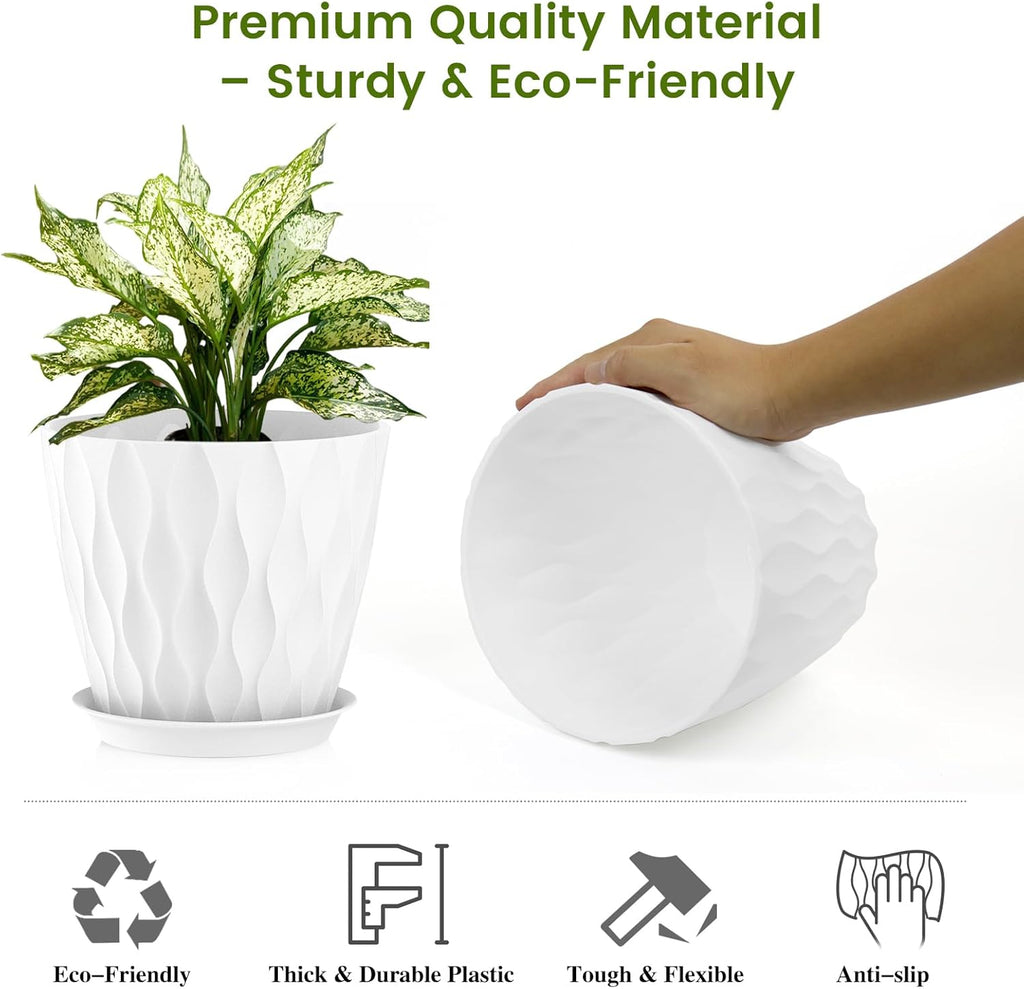 UOUZ 8 Inch Plant Pots, 4 Pack Plastic Planters for Indoor Outdoor with Drainage Holes & Saucers, Waffle Texture Flower