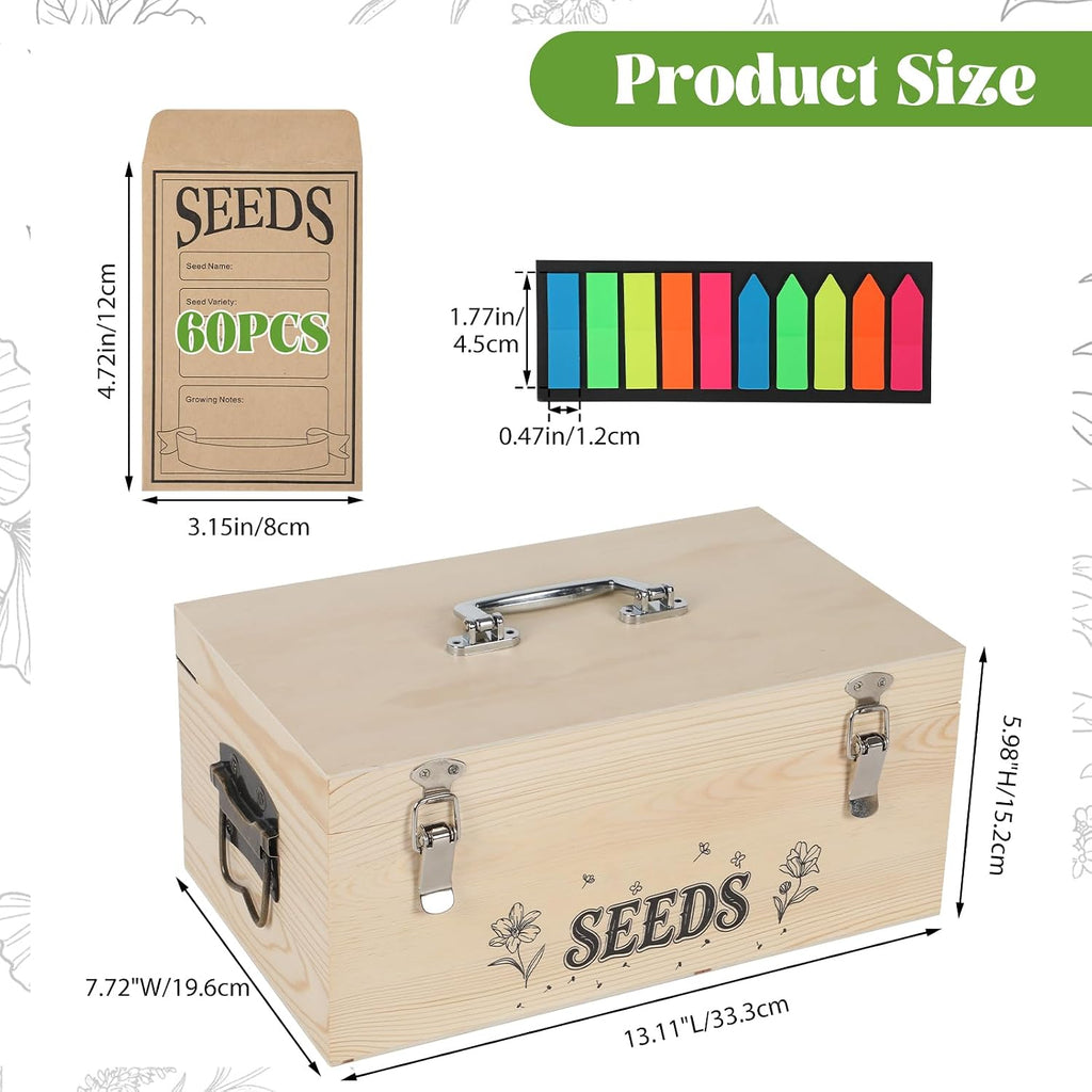 13.1”×7.7”×6” Wood Seed Storage Box 60pcs Seed Envelopes Fluorescent Index Tabs Seed Saving Organizer Box with