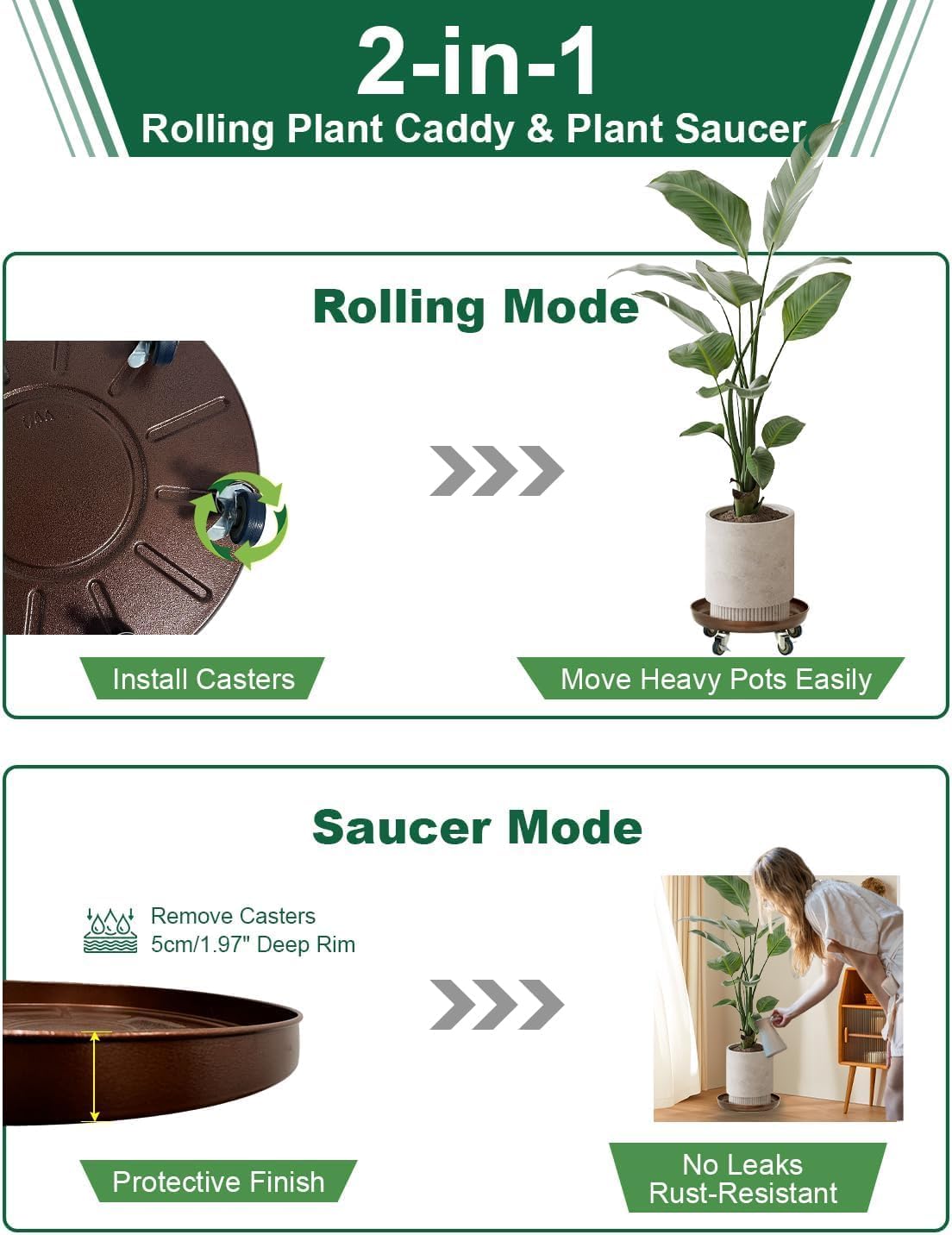 Plant Caddy With Wheels 14" Metal Plant Saucer for Indoors Hold Up to 390LB | Heavy Duty Rolling Plant Stand, 360°