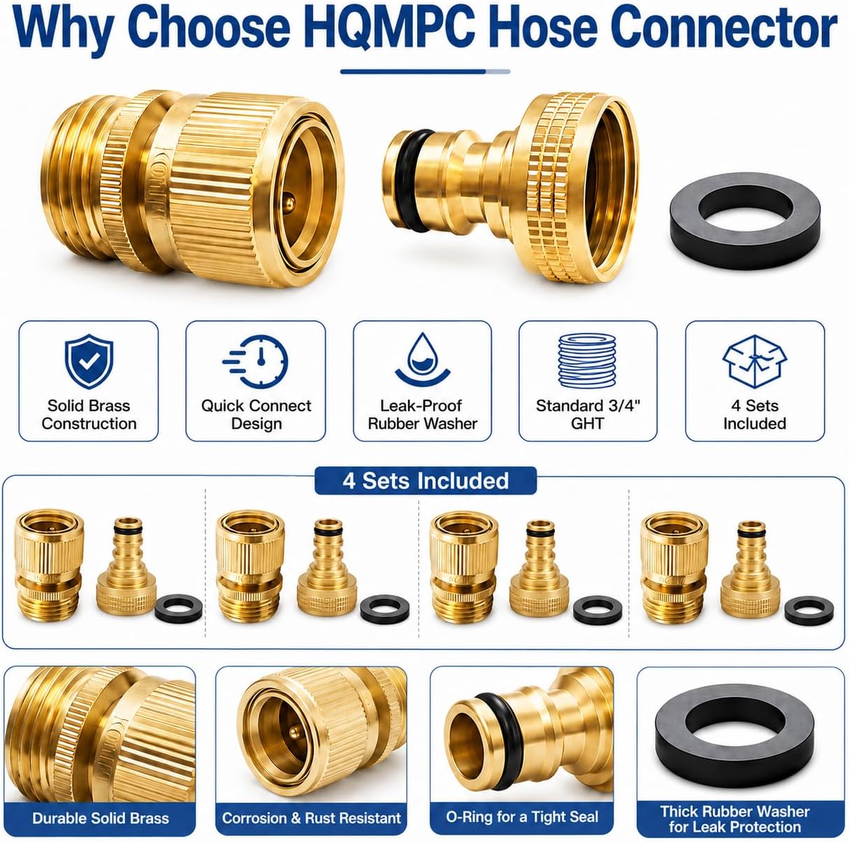 Male Garden Hose Quick Connect Solid Brass Quick Connector Garden Hose Fitting Water Hose Connectors 3/4 inch GHT (4