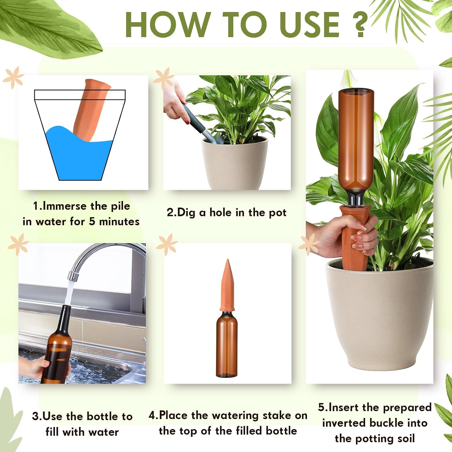 16 Pcs 8 Set Plant Watering Devices, Terracotta Watering Spikes with 25 oz Plastic Wine Bottles, Slow Release Vacation