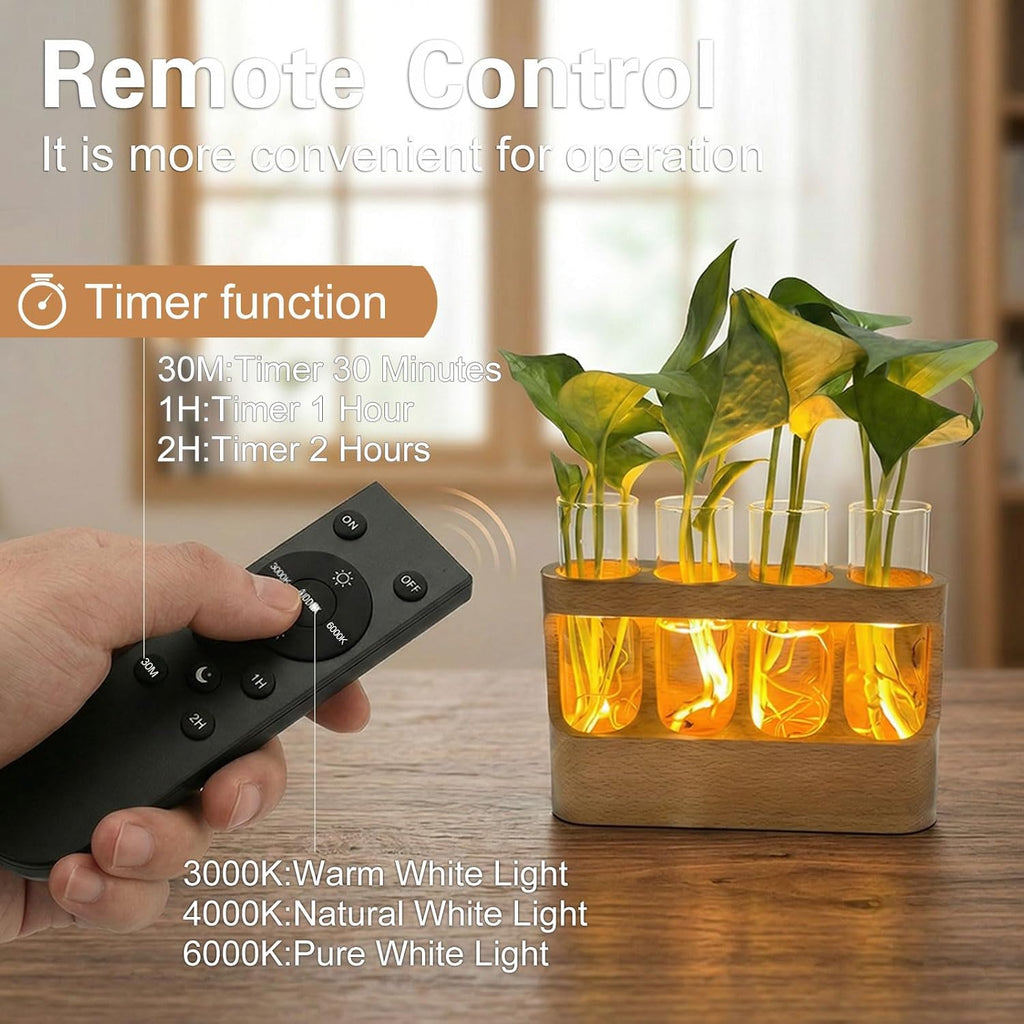 Plant Propagation Station with LED Grow Light, Rechargeable Wooden Desktop Planter Terrarium with 4 Glass Test Tubes