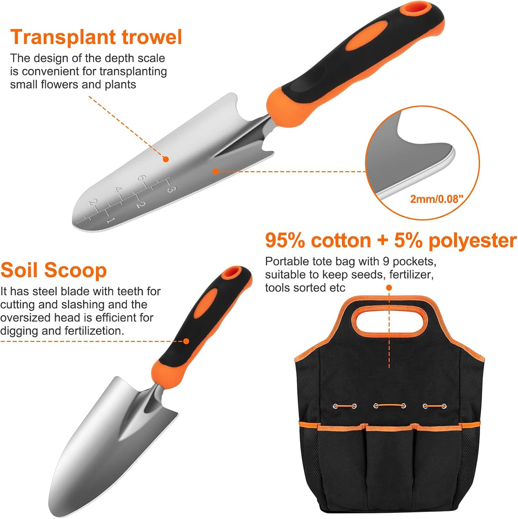 Gardening Tool Set, CHRYZTAL Stainless Steel Heavy Duty Gardening Tool Set, with Non-Slip Rubber Grip, Storage Tote