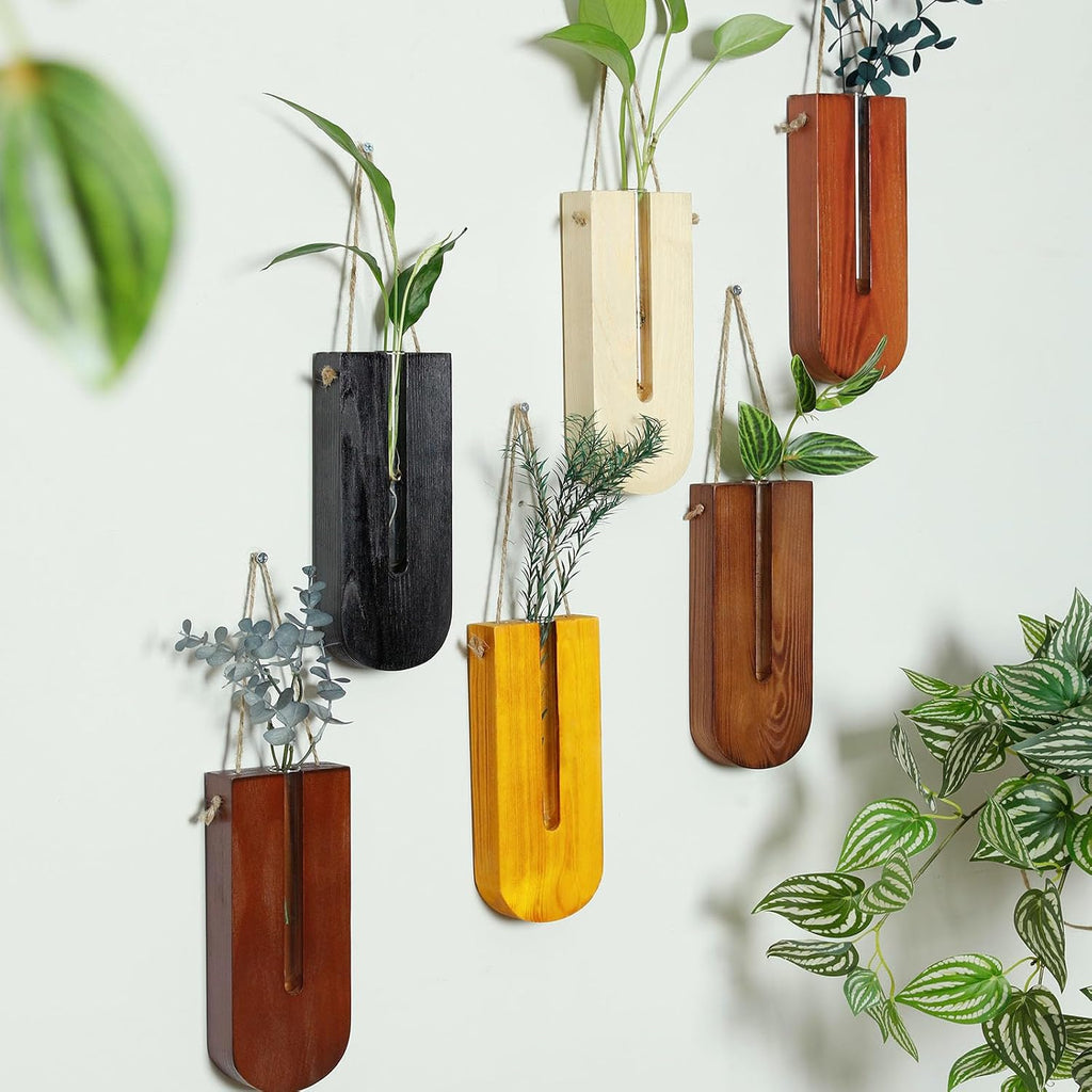 6 Pack Wooden Wall Planters for Indoor Plants Hanging Propagation Station | Wood Pocket Vases Wall Decor for Living