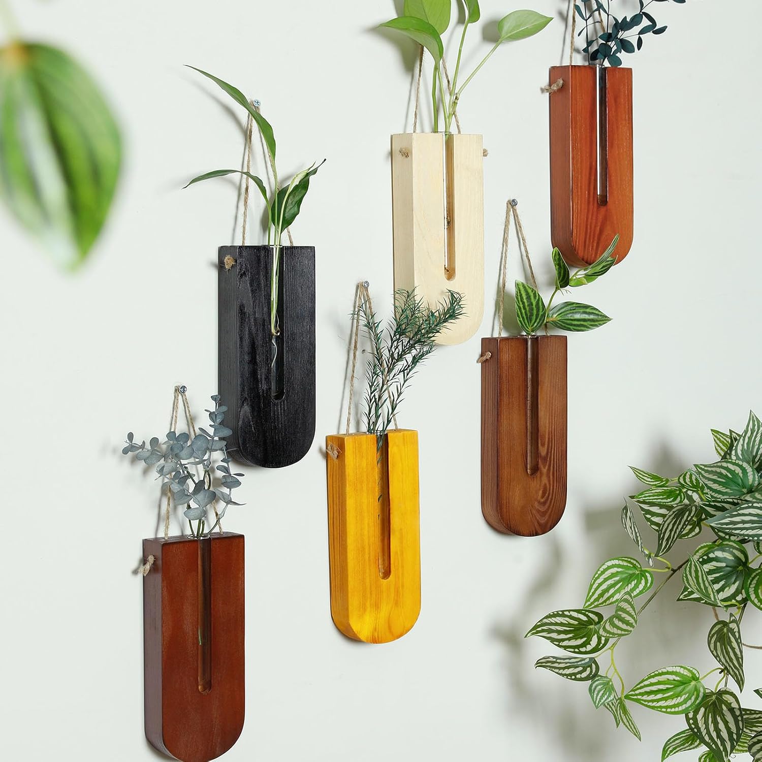 6 Pack Wooden Wall Planters for Indoor Plants Hanging Propagation Station | Wood Pocket Vases Wall Decor for Living