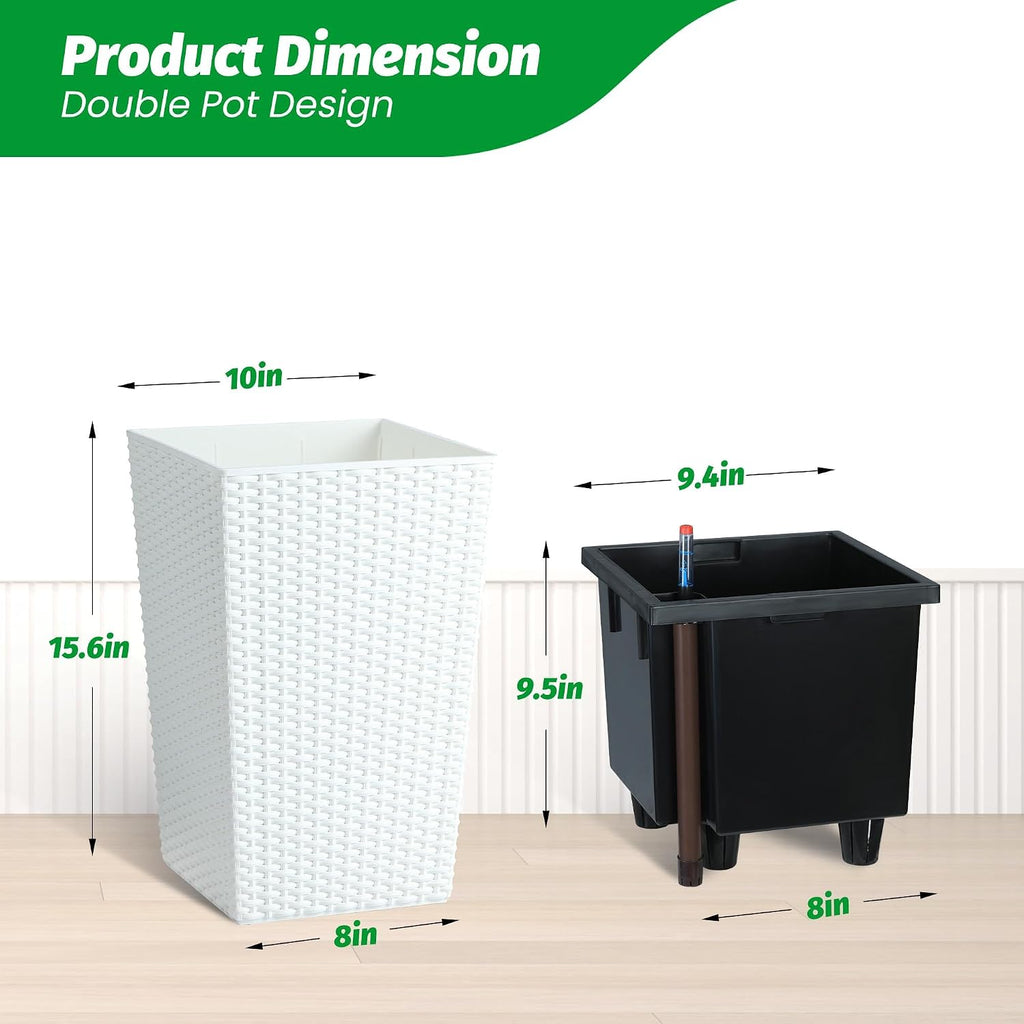 Self-Watering Rattan Tall Planter Pot with Water Level Indicator | Weather-resistant rattan planter, modern decor for