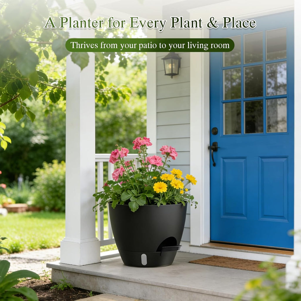 Plant Pots, 1 Pack 12 Inch Self Watering Pots with Drainage Holes, Water Level Indicator Deep Reservoir, Large Planters