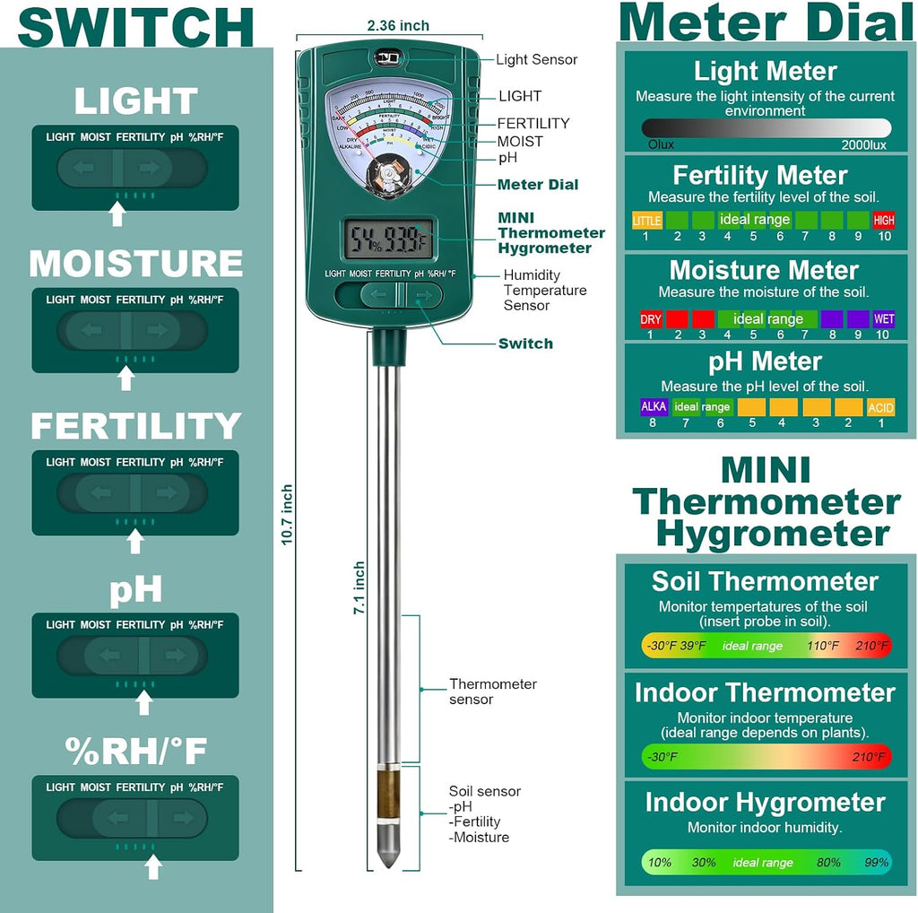 7-in-1 Soil Tester for Soil Moisture pH Fertility Light Intensity, Soil Temp, Air Temp & Humidity, with Pointer and LCD