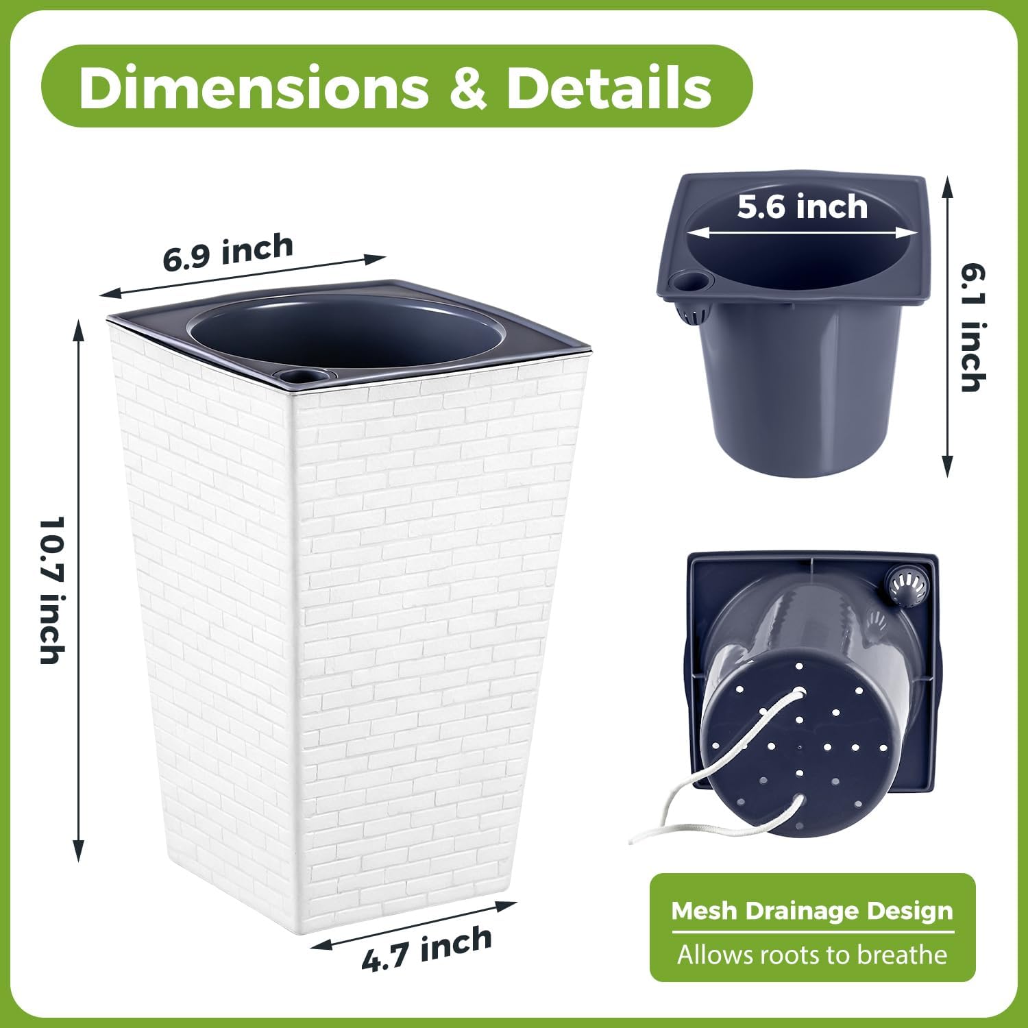 Self Watering Pots for Indoor Plants, 2 Pack Flower Pots Self Watering Planter 10.7" x 6.9" Plastic Pots African Violet