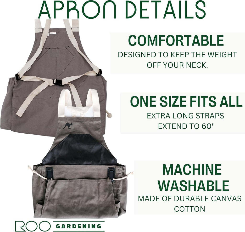 Roo Gardening Apron with Pockets for Women & Men - Canvas Garden Apron with Harvesting Pouch, Water-Resistant, Washable