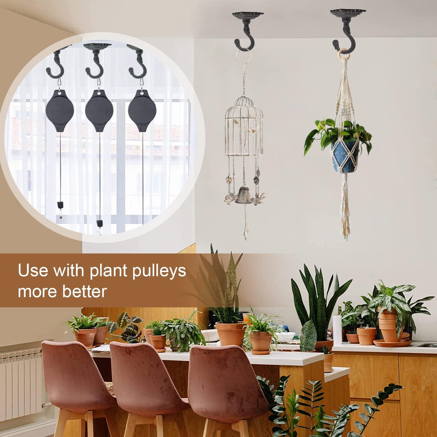Sungmor Heavy Duty Cast Iron Ceiling Hooks - 2PC Black, 3.5x3.9Inch Decorative Plant Hangers, Indoor Outdoor Swag Hooks