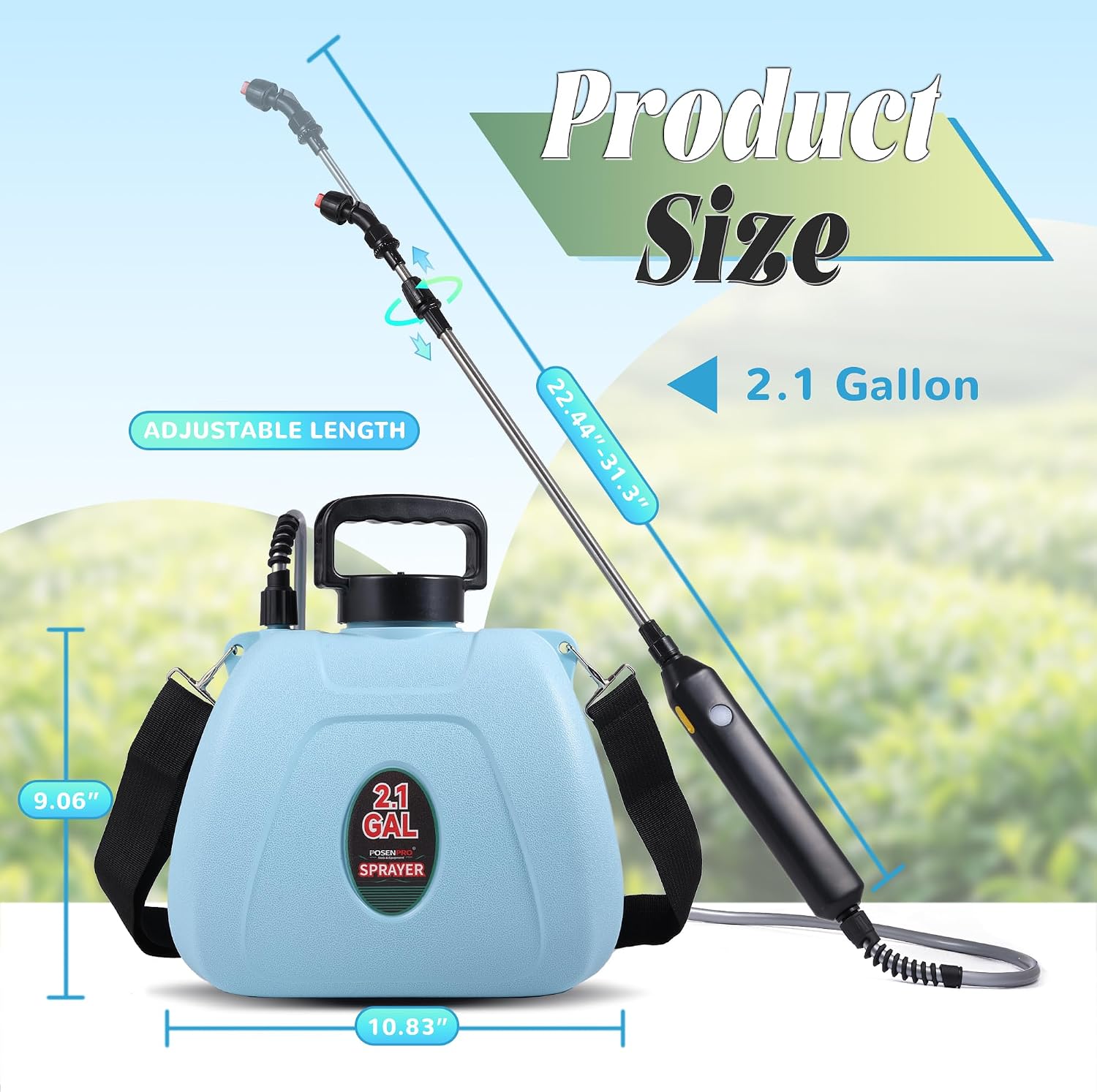 POSENPRO Battery Powered Sprayer 2 Gallon, Electric Garden Sprayer with 3 Mist Nozzles, Backpack Sprayer with