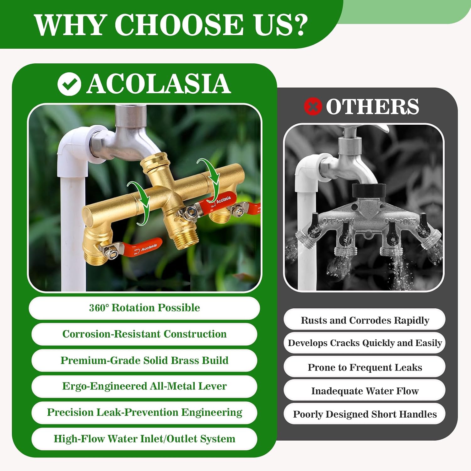 Hose Splitter 3 Way Heavy Duty Brass Garden Hose Splitter with 360° Rotatable, 304 Stainless Steel Long Handle Outdoor