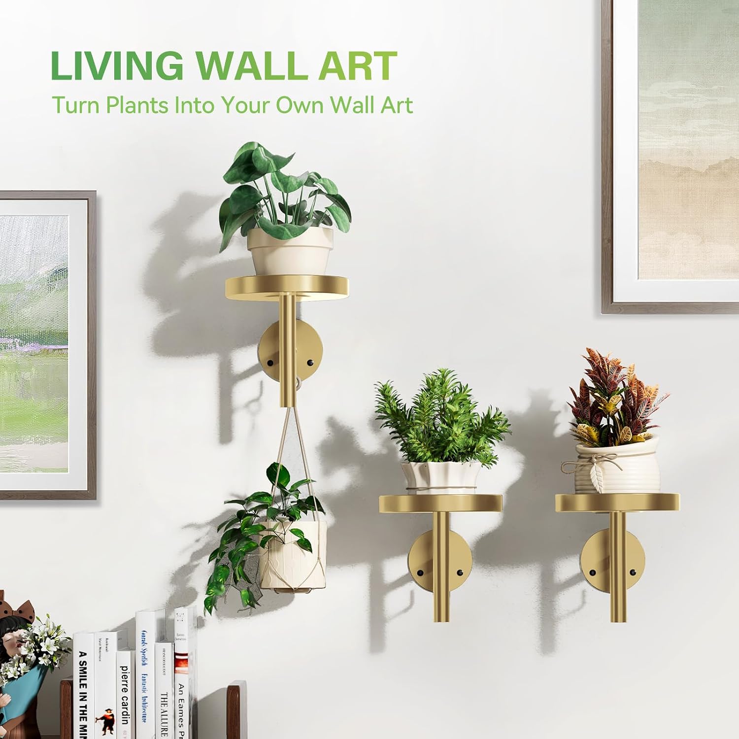 DELLAN Wall Plant Holder, 3-Pack Floating Shelves for Plants, All Gold | Wall mounted indoor hanging plants shelf &