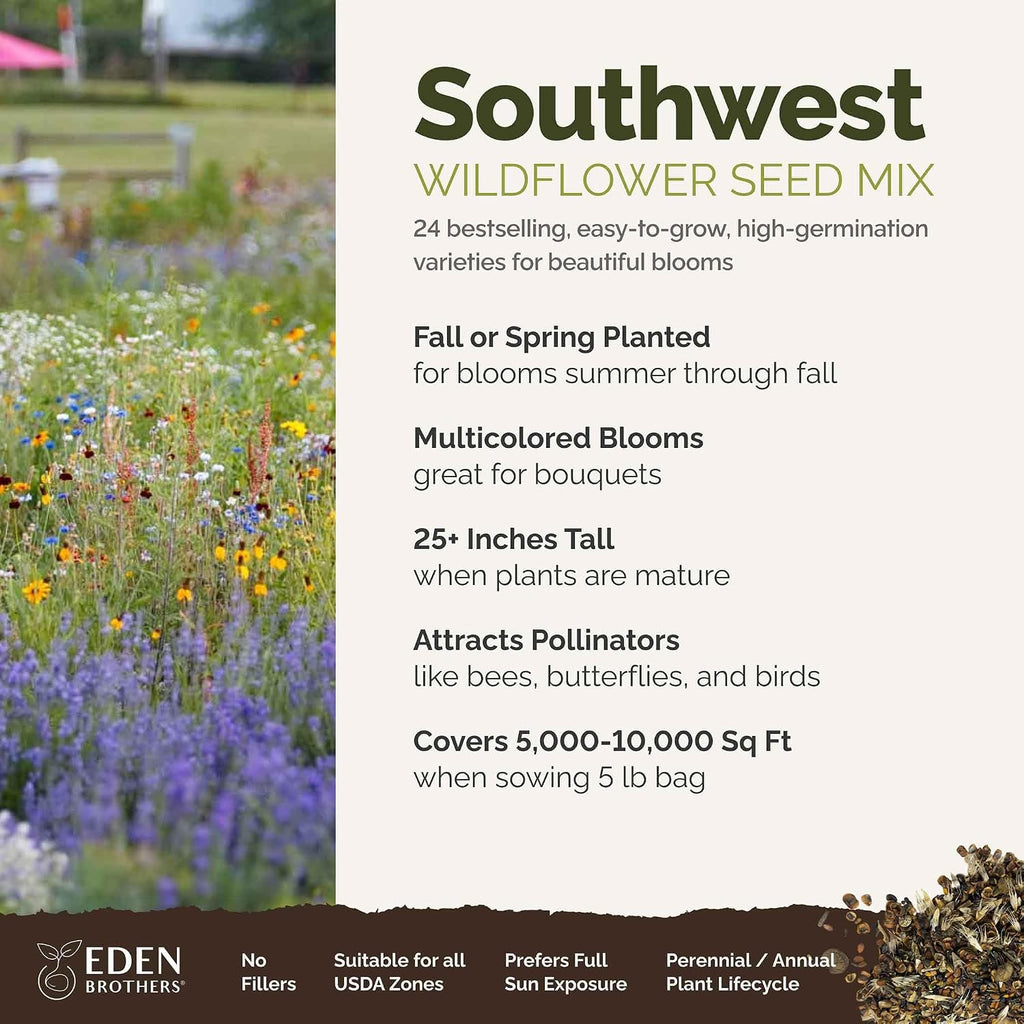 Eden Brothers Southwest Wildflower Mixed Seeds for Planting, 5 lb | 2,400,000+ Seeds with Cornflower, Blanket Flower