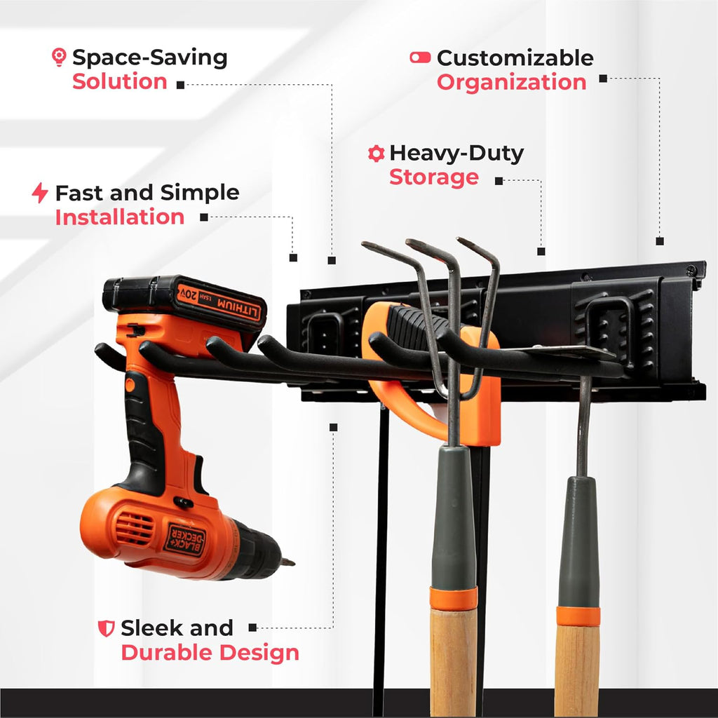 Garage Tool Organizer Wall Mount, 32", 2 Racks 4 Hooks, 200 lbs | 200 lbs, anti-rust carbon steel, garden tool