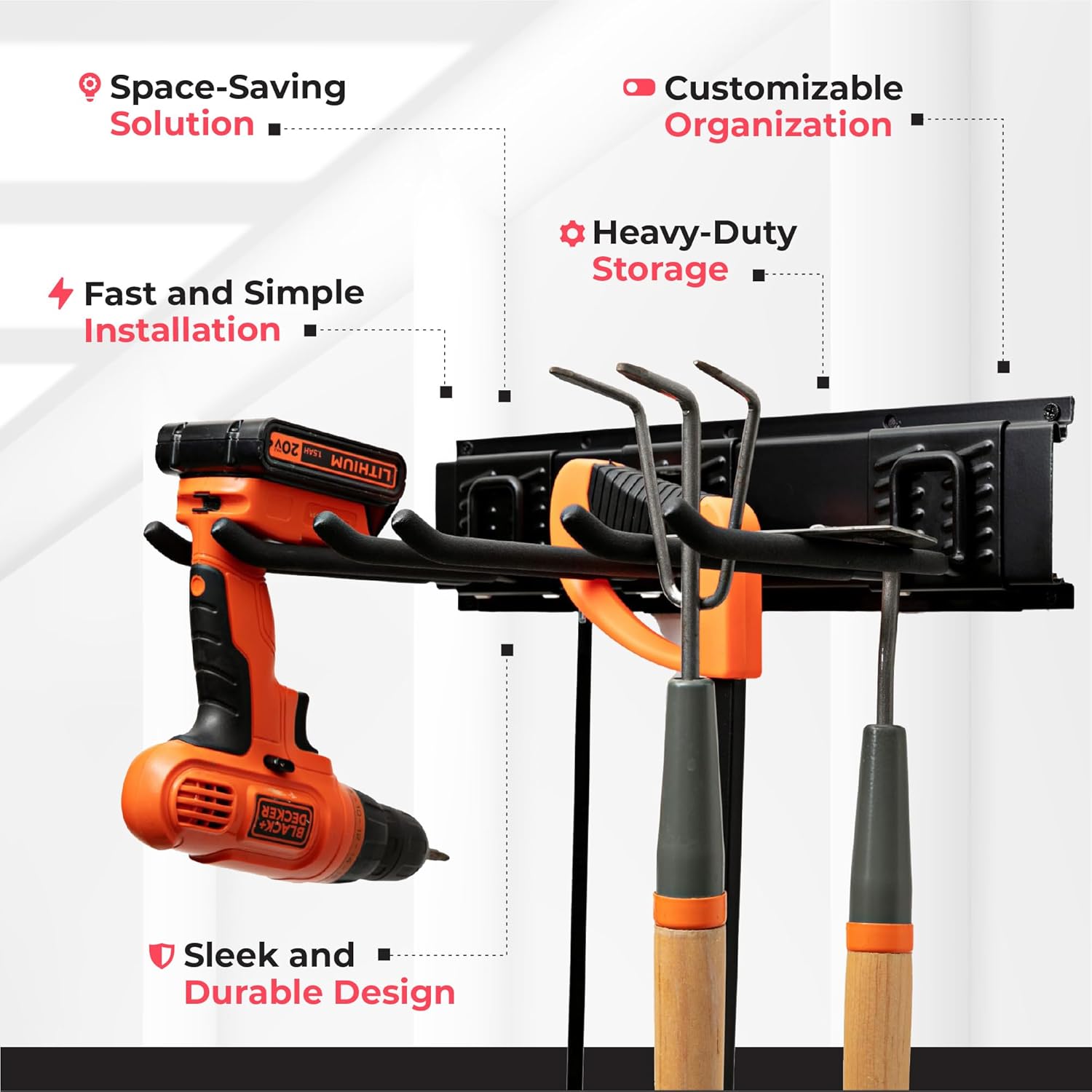 Garage Tool Organizer Wall Mount, 32", 2 Racks 4 Hooks, 200 lbs | 200 lbs, anti-rust carbon steel, garden tool