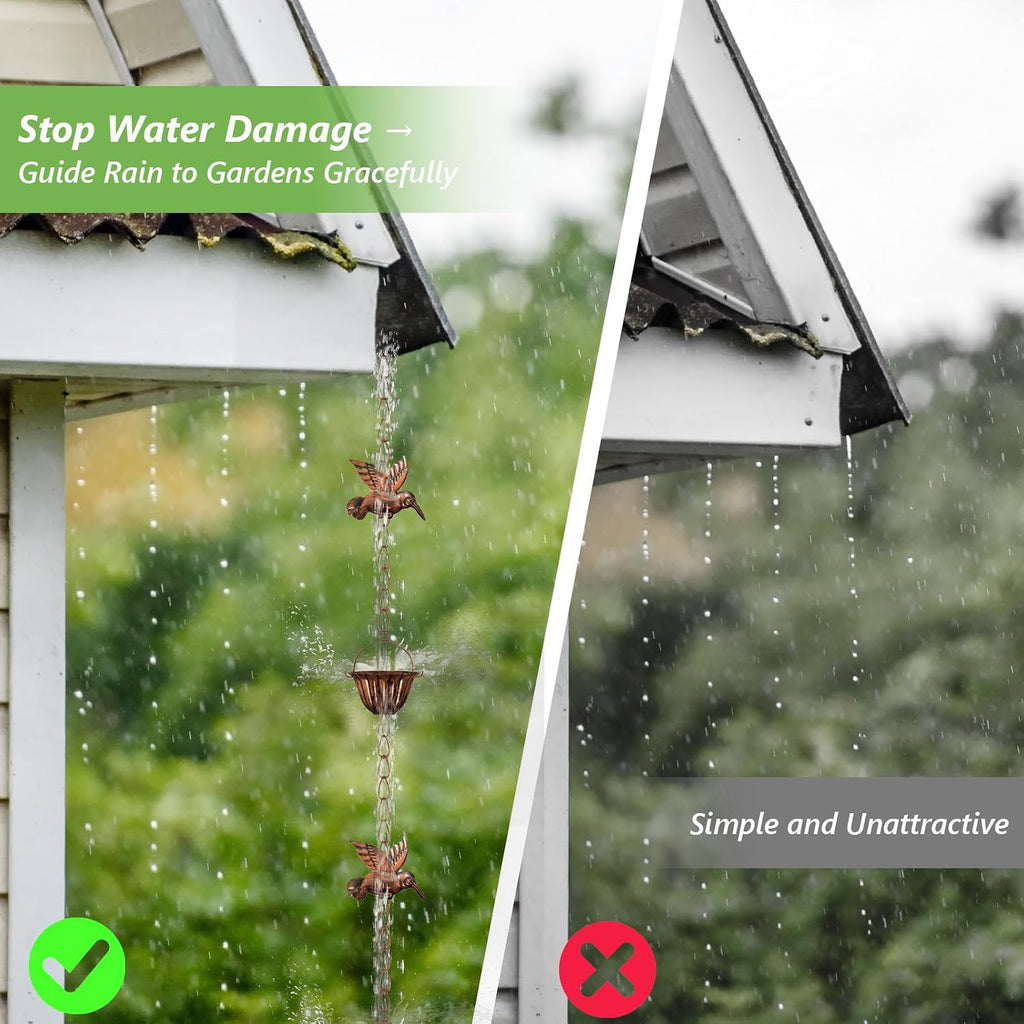 8.8ft Copper Rain Chains - Hummingbird Rain Chains for Gutters | Adjustable Decorative Steel Hanging Rain Hutter with 6