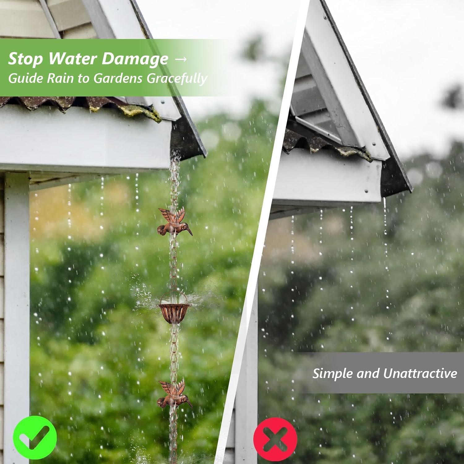 8.8ft Copper Rain Chains - Hummingbird Rain Chains for Gutters | Adjustable Decorative Steel Hanging Rain Hutter with 6