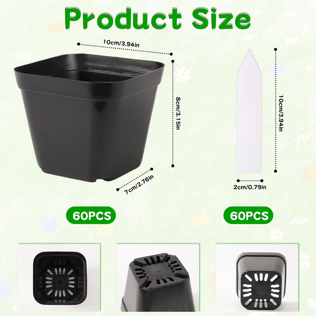 60 Pcs 4 Inch Square Nursery Pots with 60 Plant Labels, Durable Flexible Plastic Planter Nursery Pots, Square Pots for