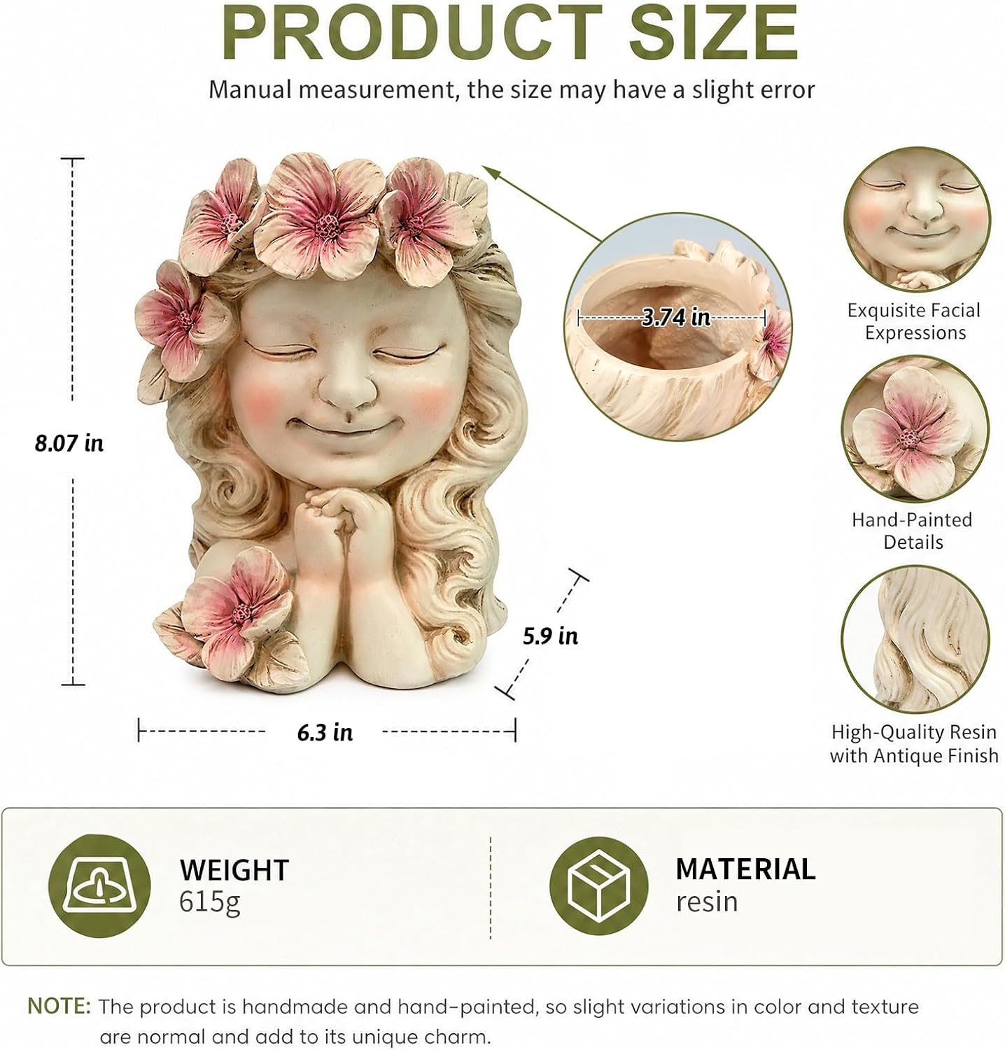 Flower Girl Head Planter Pot, Resin Face Planter for Indoor Outdoor Plants | Cute Succulent Pots, Decorative Plant Pots