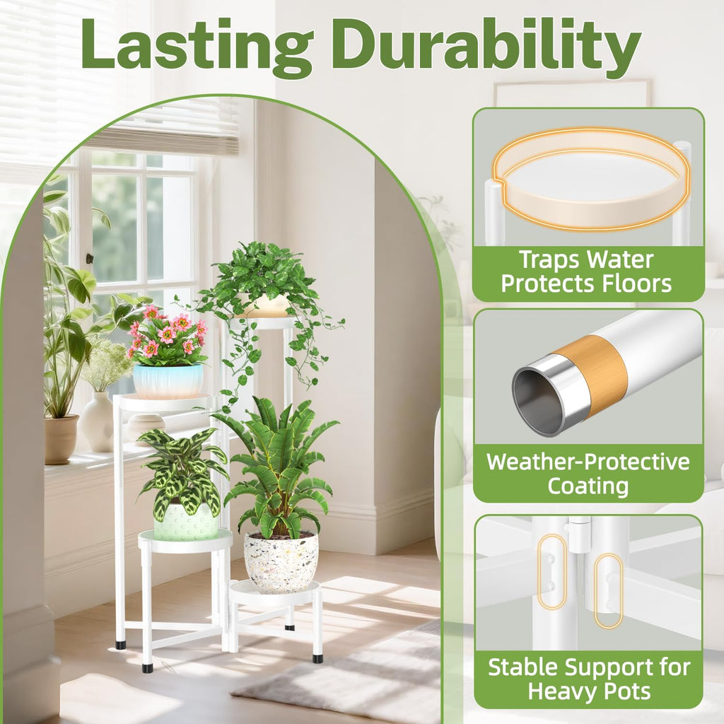 iDavosic.ly Plant Stand Indoor Outdoor, 4 Tier Metal Corner Shelf, White | Tiered Flower Display Holder, Folding Multi