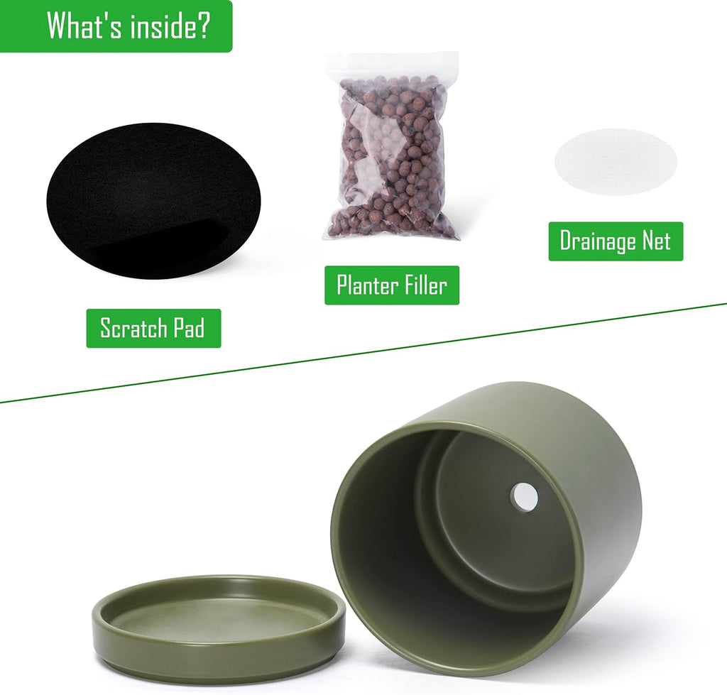 D'vine Dev 6.5 Inch Ceramic Planter Pot, Olive, 94-O-C-J | Modern Cylinder Design, Drainage Hole & Saucer Included