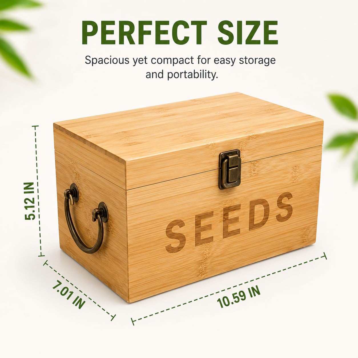 Bamboo Garden Seed Storage Organizer Box, Wooden Seed Box with Removable Dividers, Metal Handle and Latch, Seed Keeper