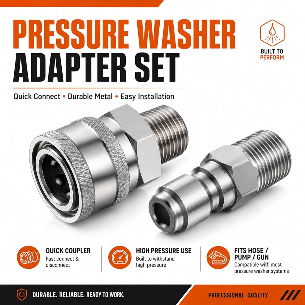 Hotop NPT 3/8 Inch Stainless Steel Male and Female Quick Connector Kit Pressure Washer Adapters(4 Sets)