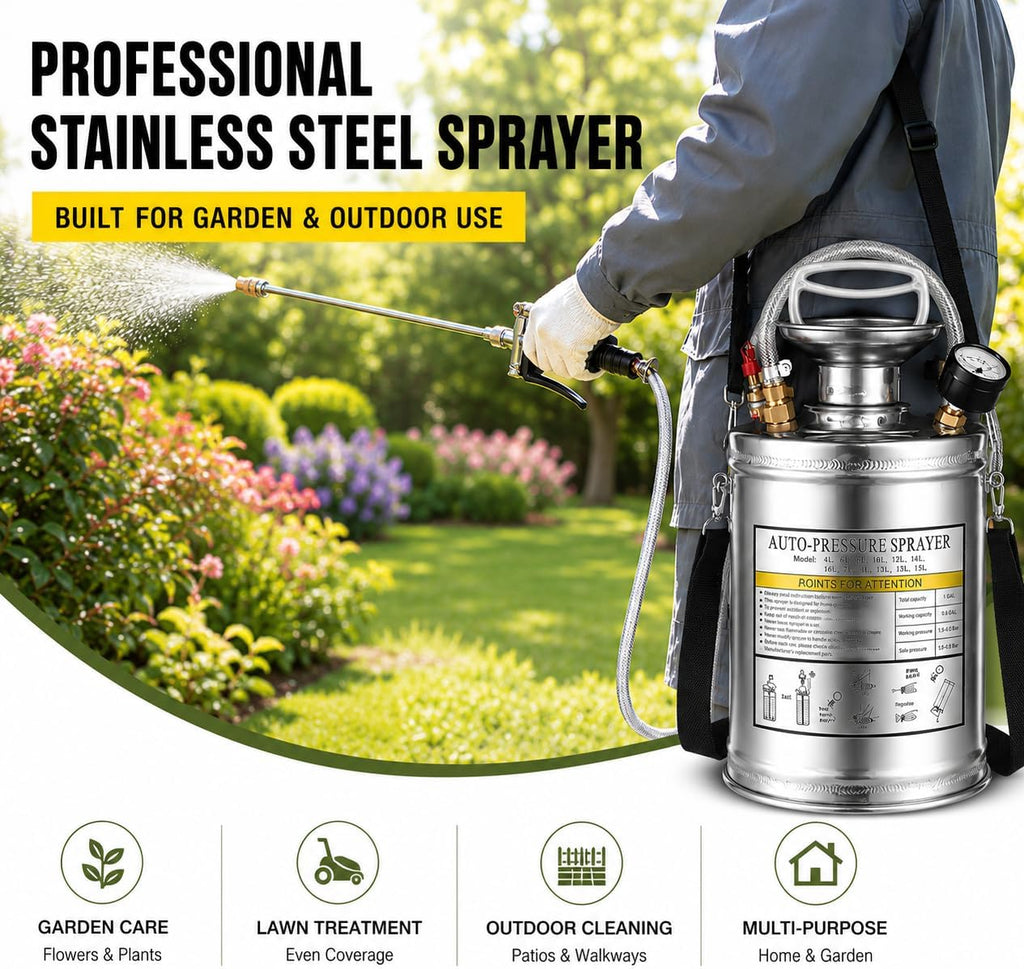 Stainless Steel Sprayer 3 Gallon - Steel Hand-Pump Sprayer, with 3.3-inch Reinforced Hose - Garden Sprayer for Home