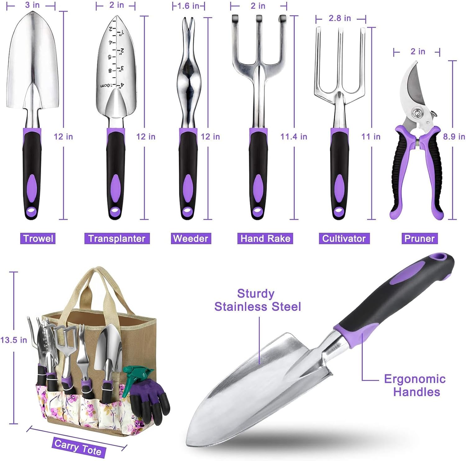 Garden Tools Set, 30 Piece Stainless Steel Gardening Kit with Vintage Floral Tote Bag, Non-Slip Ergonomic Rubber