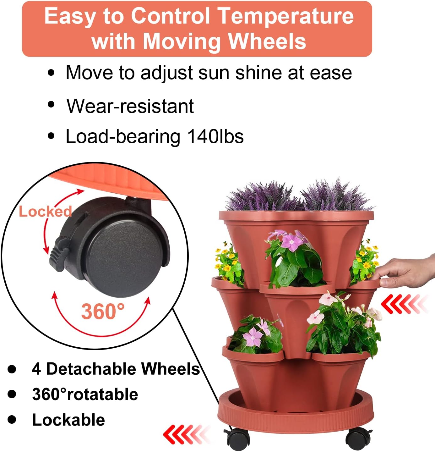 DUNCHATY Stackable Planters 3 Tier Vertical Garden Planting Tower Planters Strawberry, Herb, Flower, and Vegetable