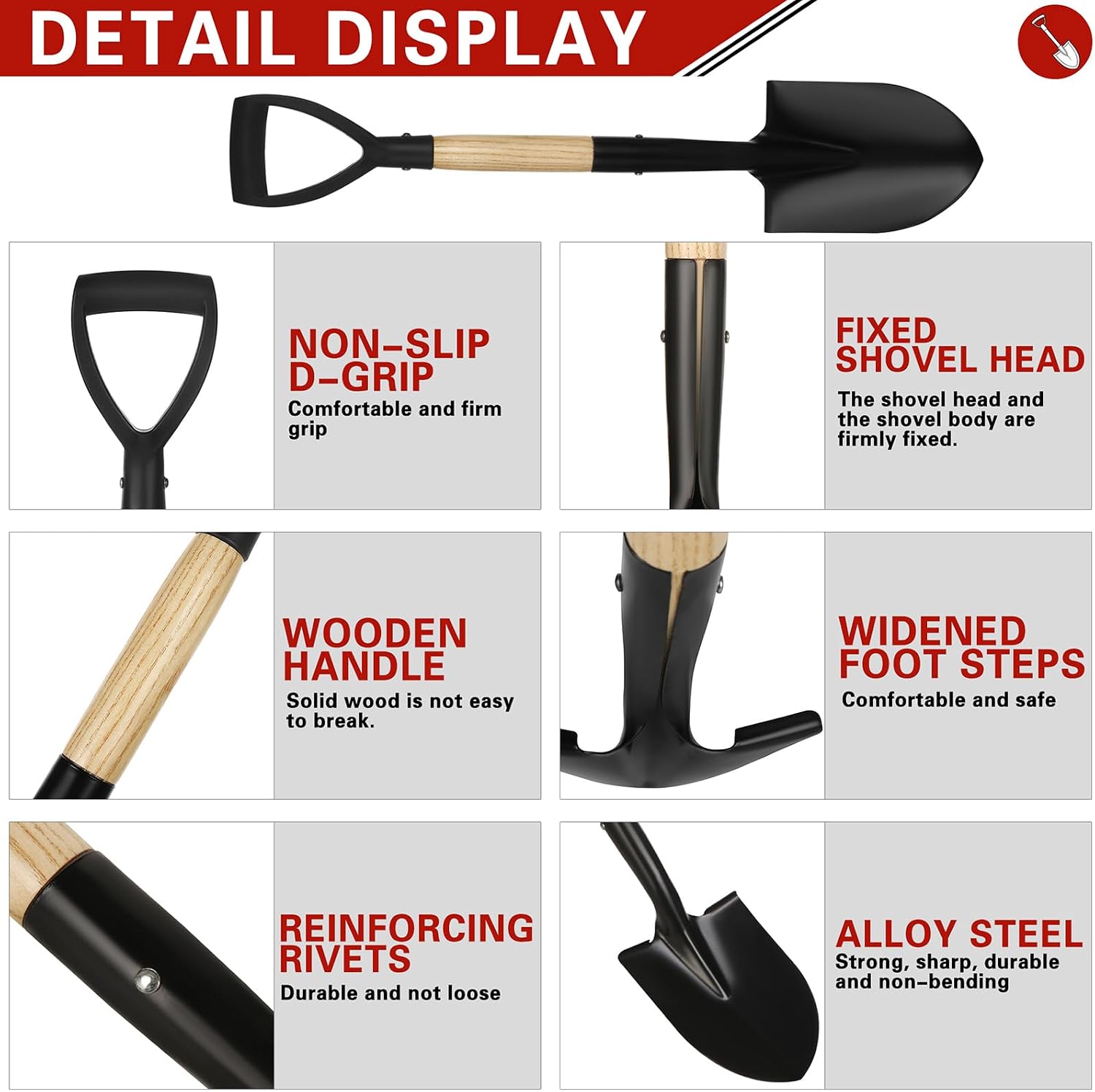 28-Inch Mini Garden Shovel with D-Grip Handle, Kids Small Shovel, Alloy Steel Head & Wooden Shaft for Car Emergency