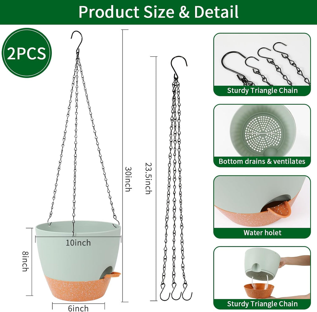 Hanging Planter, 10 inch Hanging planters for Indoor. Outdoor Plants, Self Watering Plant Pot, 2 Pack Large self