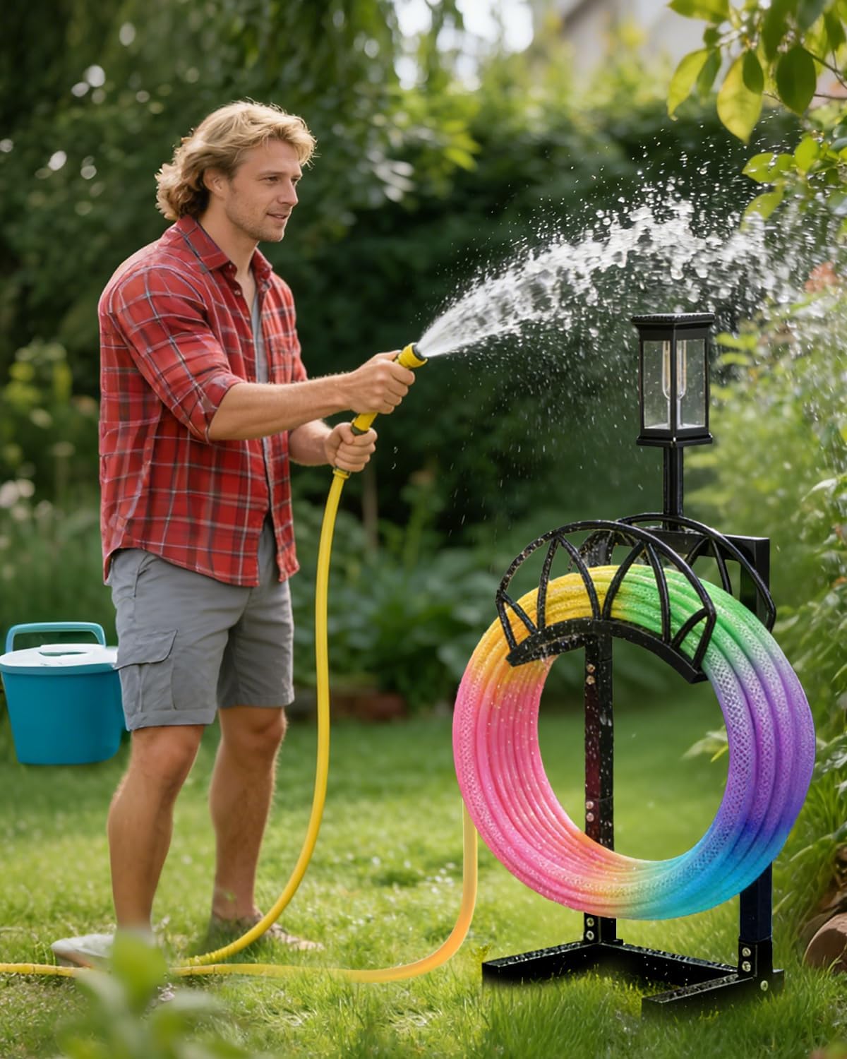 Garden Hose Holder with Solar Light, Freestanding Hose Stand for Outside | Heavy Duty Detachable Hose Storage Rack