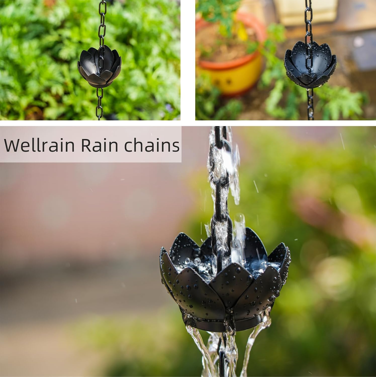 Black Lotus Rain Chain for Gutters with Adapter, 8.5 FT Decorative Rain Chains for Gutters Outdoor, 12 Flower Cups