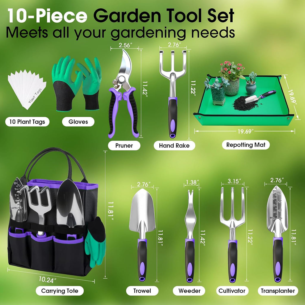 WOWBOX Garden Tools Set, 10 PCS Heavy Duty Gardening Hand Tools Kit, Purple | Gardening Tool Set with Storage Tote