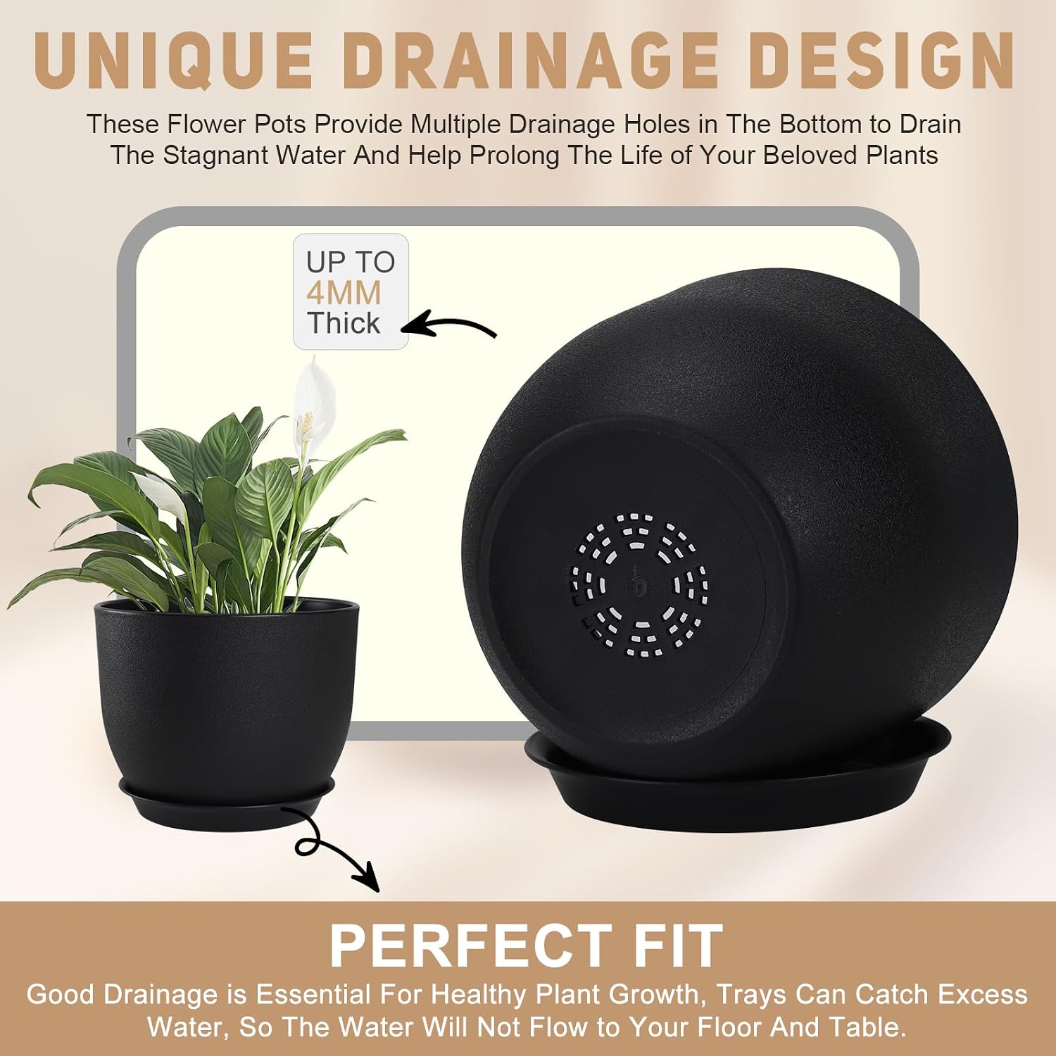 YNNICO Plant Pots 10/9/8/7.5/7 inch Set of 5,Flower Pots with Multi Mesh Drainage Holes, Large Planters for Indoor
