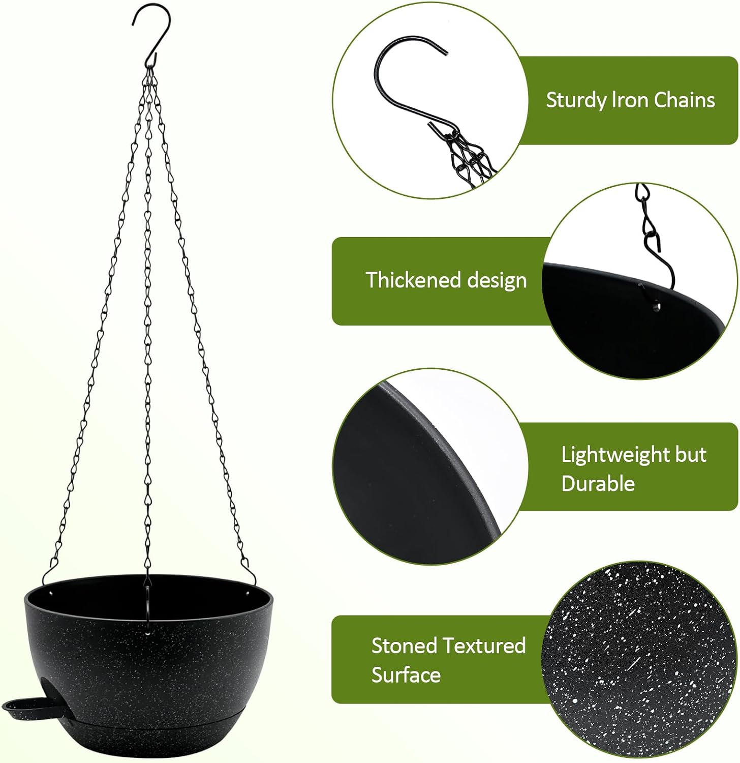 WOUSIWER Self Watering Hanging Planters, 2 Pack 10'' Plastic Pots with Drainage Holes & Reservoir Tray (Speckled Black)