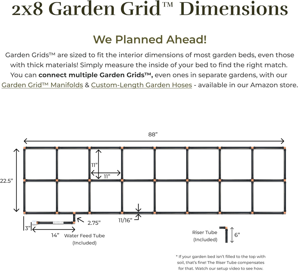 Garden Grid 2x8 | Irrigation System for Garden Bed Watering | Pre-Assembled | 1-Min Setup Raised Bed Irrigation System;