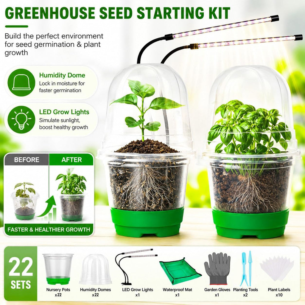 59Pcs Clear Nursery Pots Kits with Grow Light Includes 22 Pack 4'' Seed Starter Pots with Silicone Base & Lids, Clear