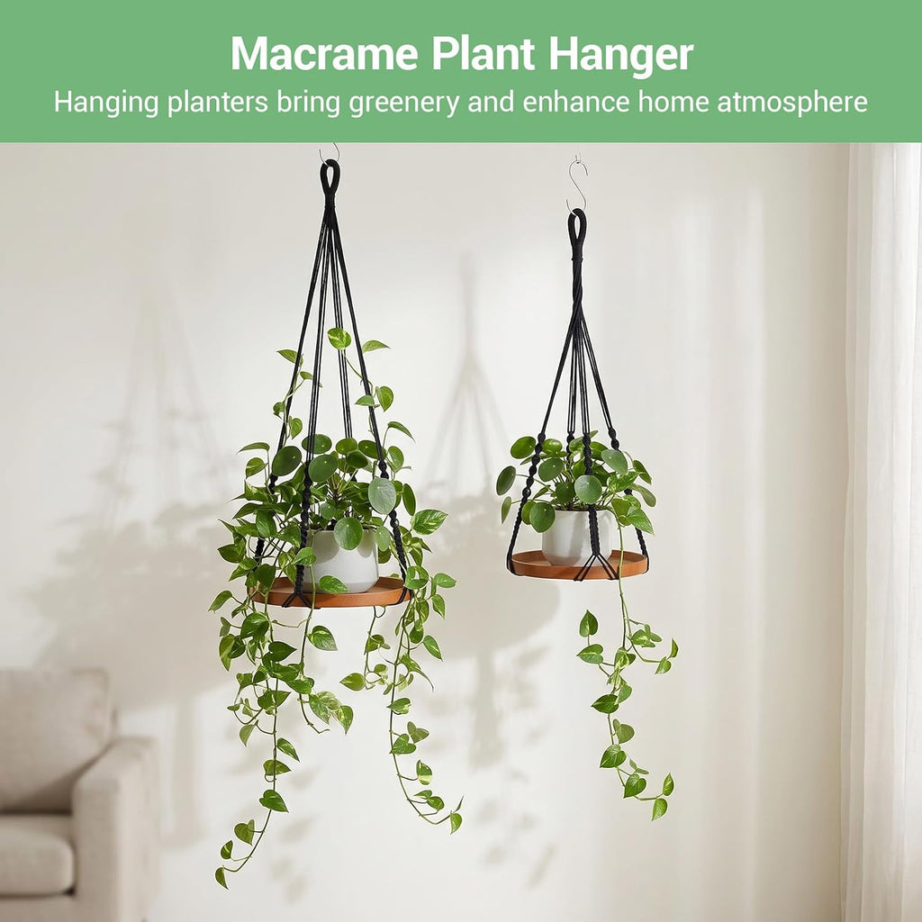 2 Pack Macrame Plant Hanger, 41'' & 32'' Plant Hanger Indoor Set with 12'' & 9.8'' Wood Trays, Bohemian Hanging Planter