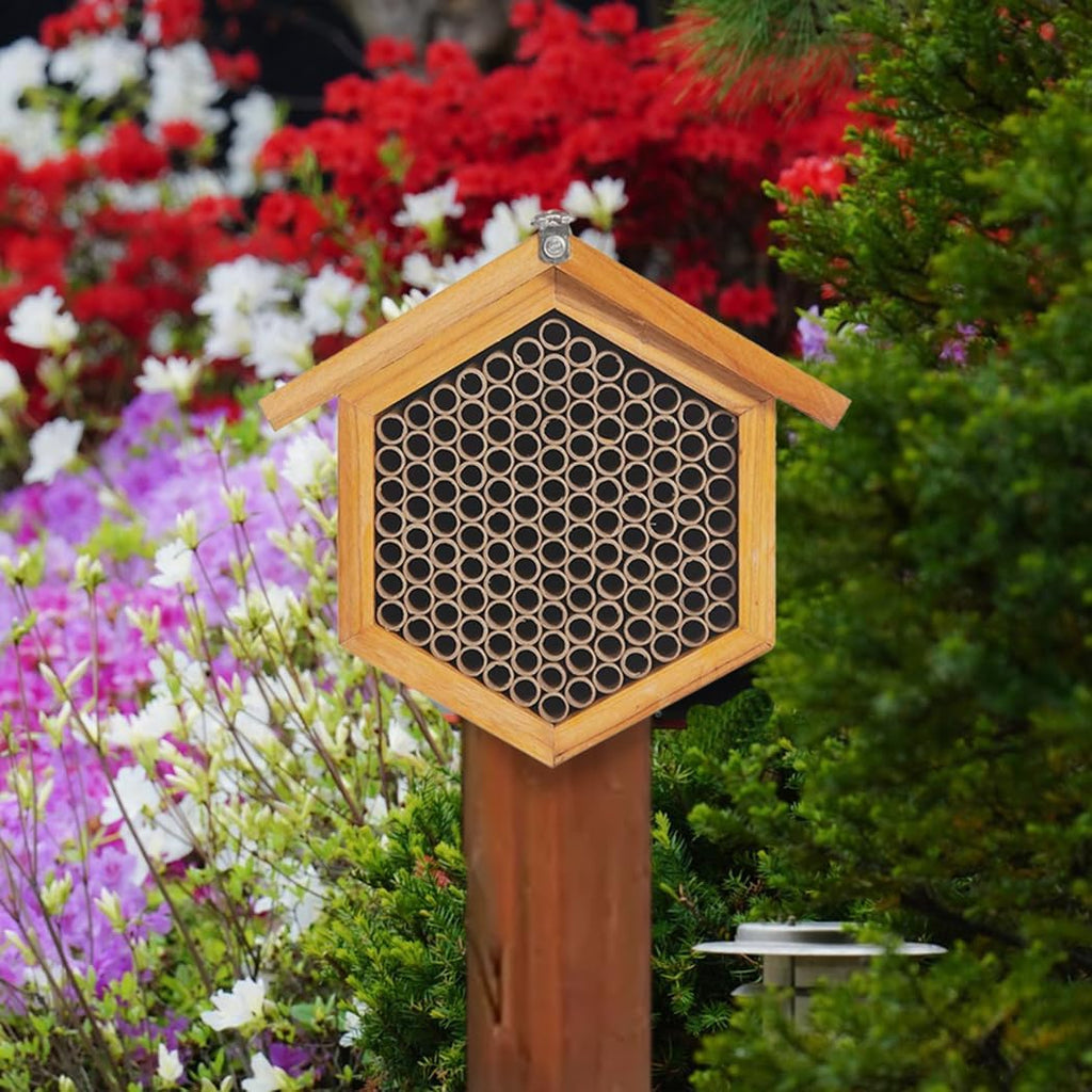 Mason Bee House Wax Coated Bee Hotel, Pollinator House,Natural Handmade Wooden Mason Bee Hotel for Pollinating Bees