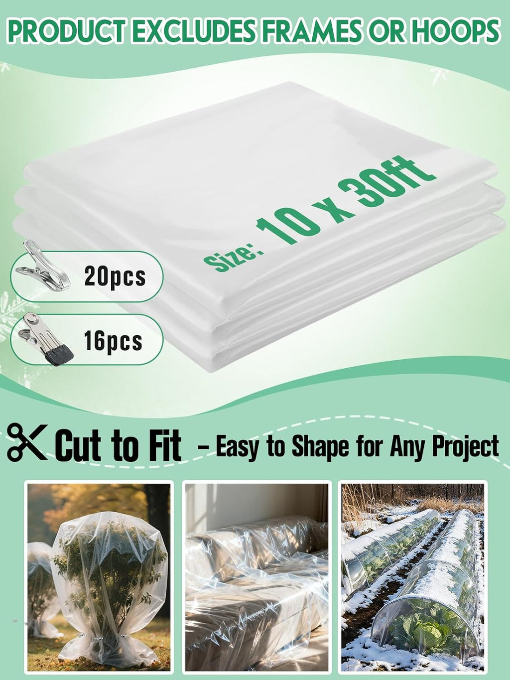 10 x 30ft Plant Covers Freeze Protection with 36 Clips - Greenhouse Plastic Sheeting, Frost Cloth Row Cover for Outdoor
