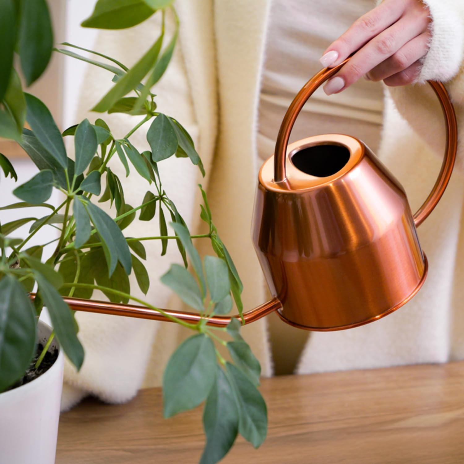 Plexon Rose Gold Metal Watering Can Indoor Plants 40 oz, Stainless Steel Long Spout Watering Can Outdoor House Plant
